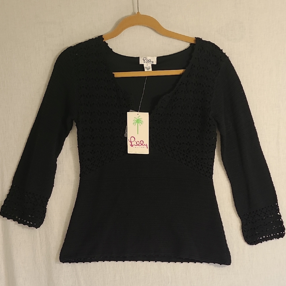 Lilly Pulitzer NWT Black Cotton Crochet Tunic Top Size Medium